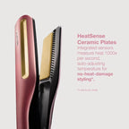 Hair straightener with HeatSense Ceramic Plates feature on a light gray background