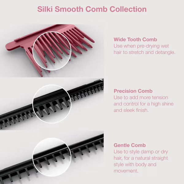 Silki Smooth Comb Collection with wide tooth, precision, and gentle combs on a white background.