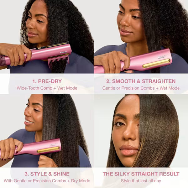 Woman using a pink hair straightening tool with step-by-step instructions on a white background