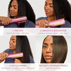 Woman using a pink hair straightening tool with step-by-step instructions on a white background
