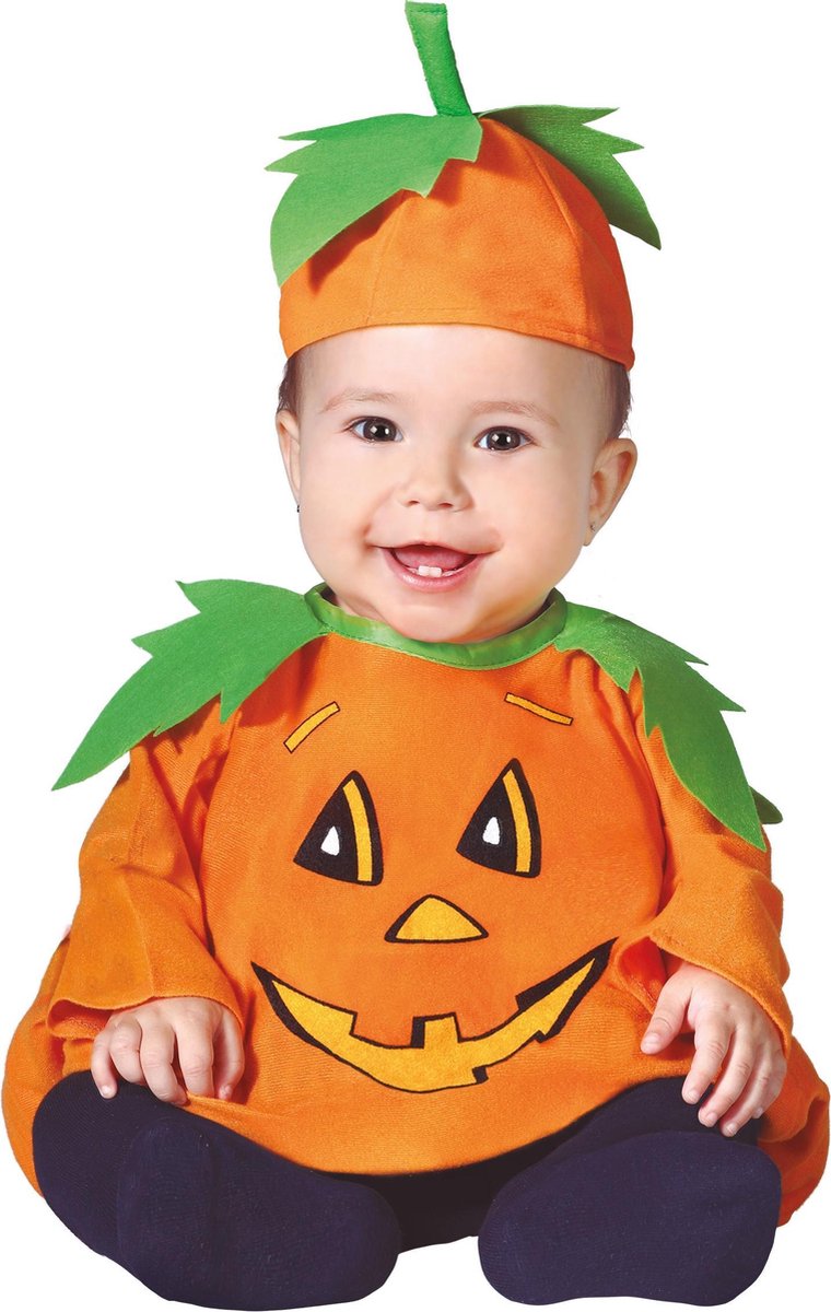 Baby wearing a Halloween pumpkin costume with a white background