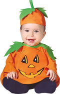 Baby wearing a Halloween pumpkin costume with a white background