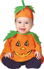 Baby wearing a Halloween pumpkin costume with a white background