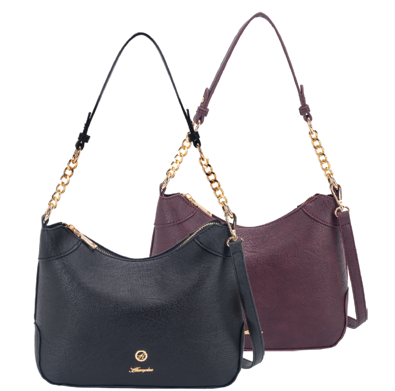 Black and burgundy handbags with gold chains on a white background