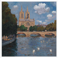 Painting of a cathedral by a river with ducks and trees