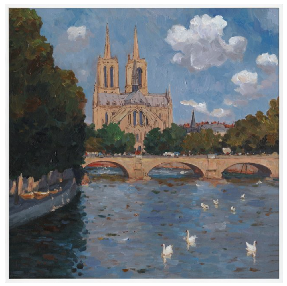 Painting of a cathedral by a river with ducks and trees