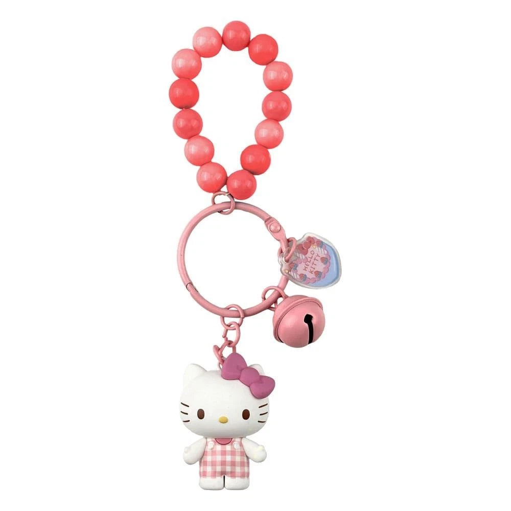 Pink beaded keychain with Hello Kitty charm on a white background