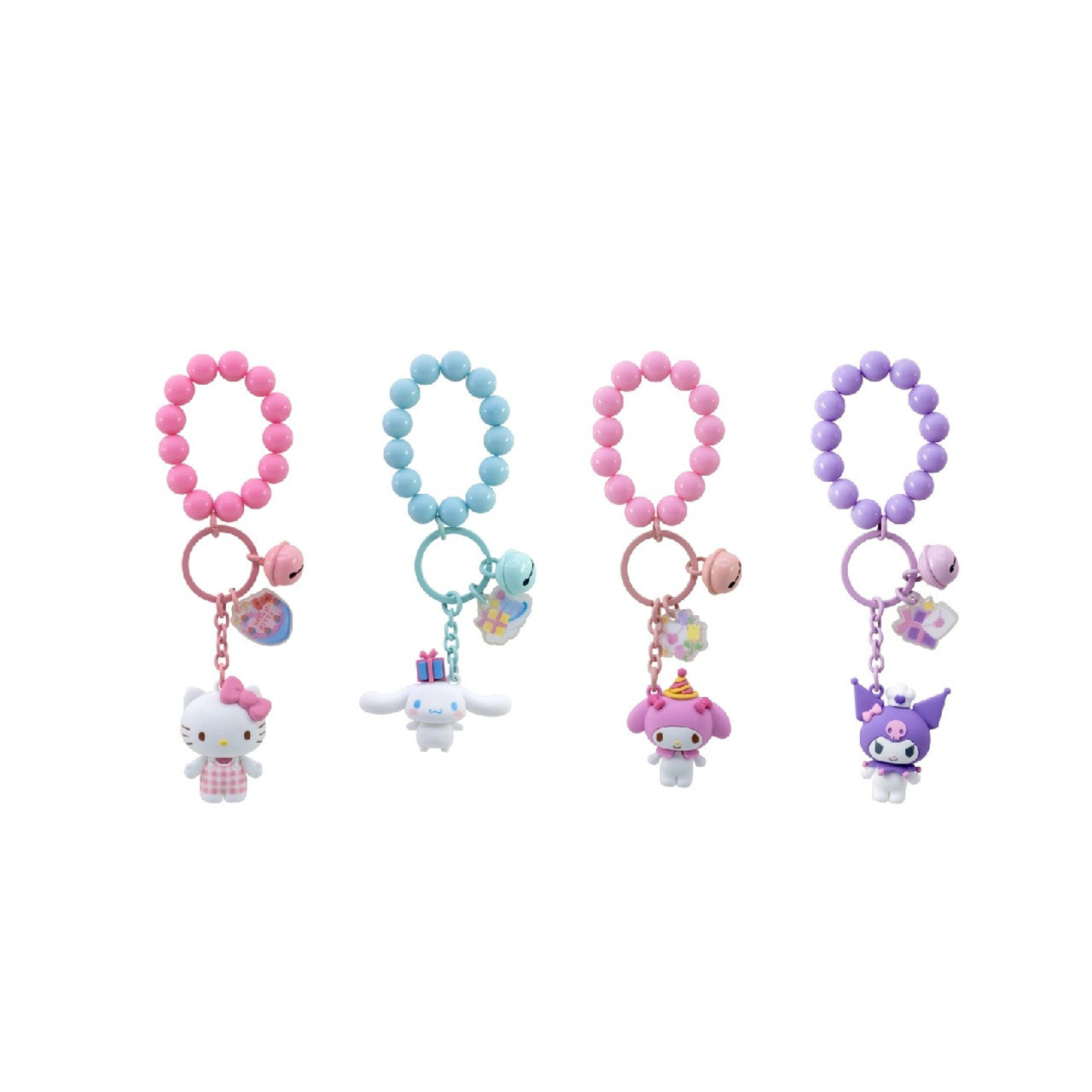 Four colorful keychains with character charms on a white background