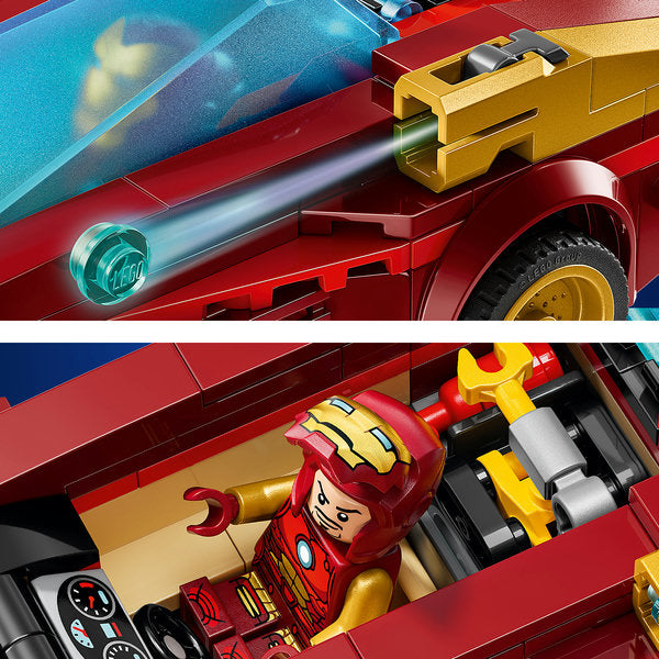 LEGO Marvel 76310 Iron Man sports car and Black Panther aircraft with minifigures Iron Man, Black Panther, Red Hulk & Dum‑E