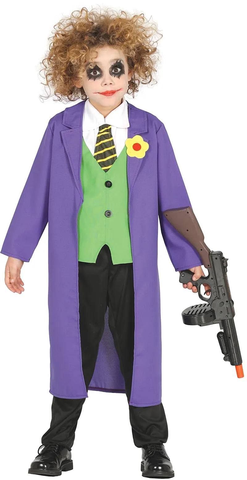 Child wearing a colorful costume with a purple coat and green vest, holding a toy gun.