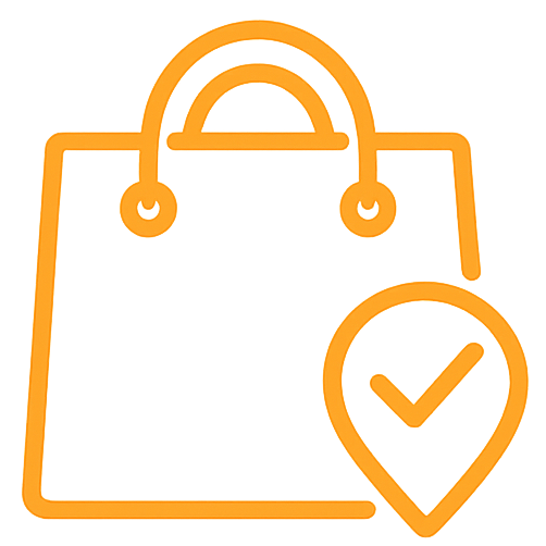 An orange line icon of a shopping bag with a location pin and check mark, centered on a plain white background.
