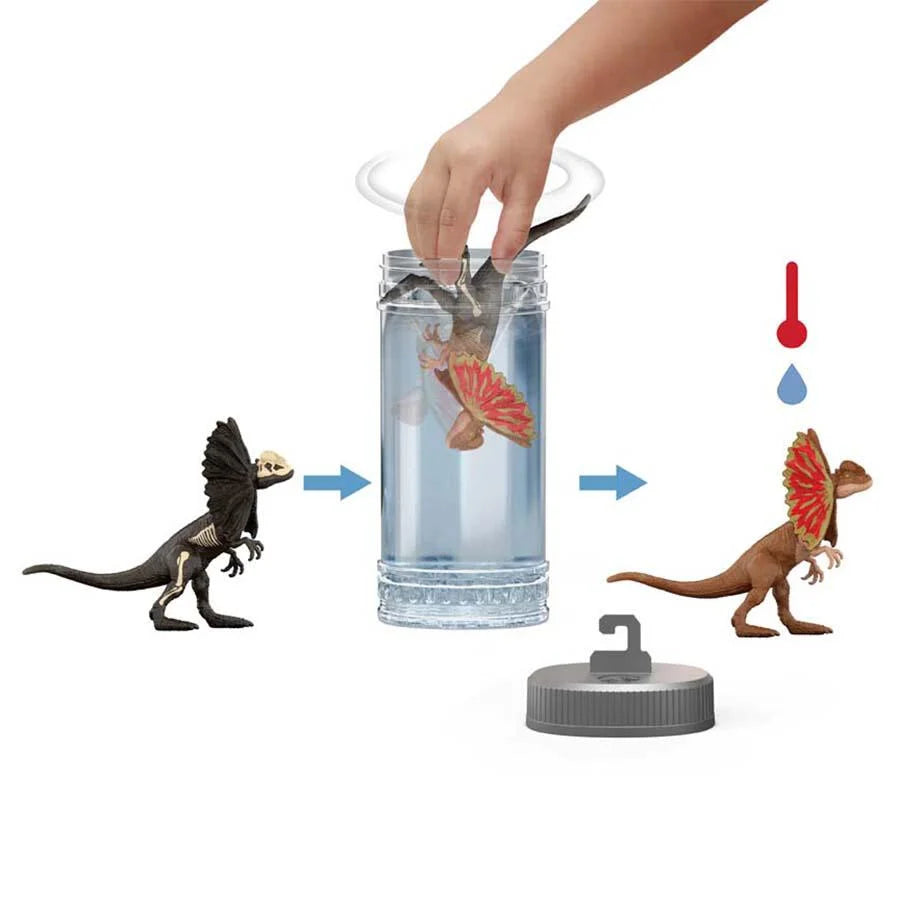 Toy dinosaur figures with a water bottle and temperature indicators on a white background