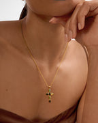 Green Agate Cross Waterproof Gold Necklace - image 3