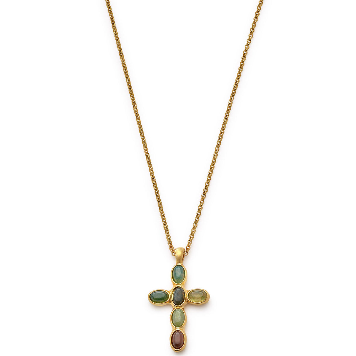 Green Agate Cross Waterproof Gold Necklace - image 5