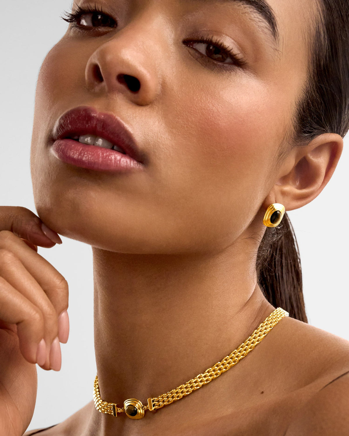 Tiger's Eye Waterproof Gold Button Stud Earrings - image 2