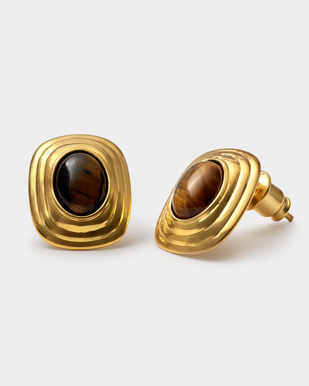 Tiger's Eye Waterproof Gold Button Stud Earrings - image 3