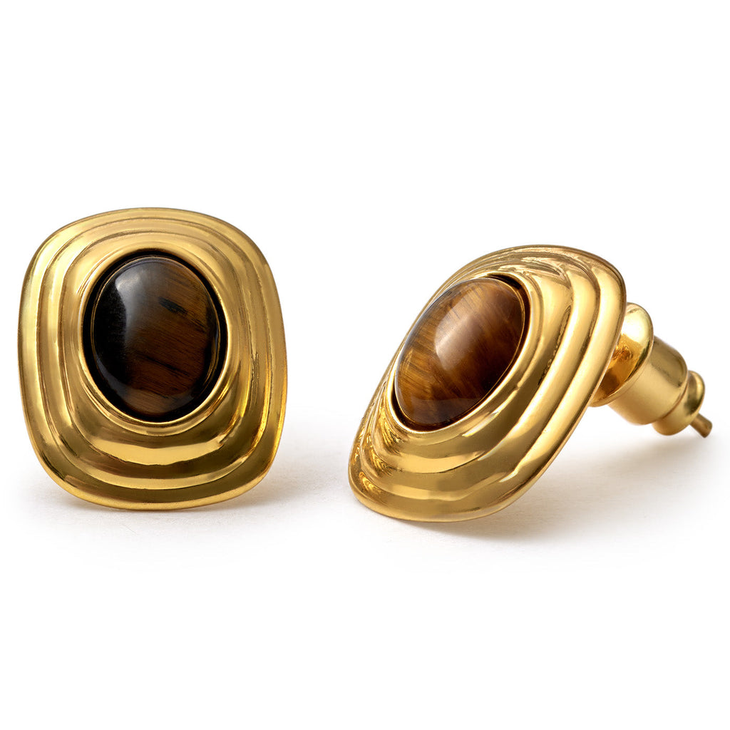 Tiger's Eye Waterproof Gold Button Stud Earrings - image 4