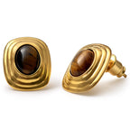 Tiger's Eye Waterproof Gold Button Stud Earrings - image 4