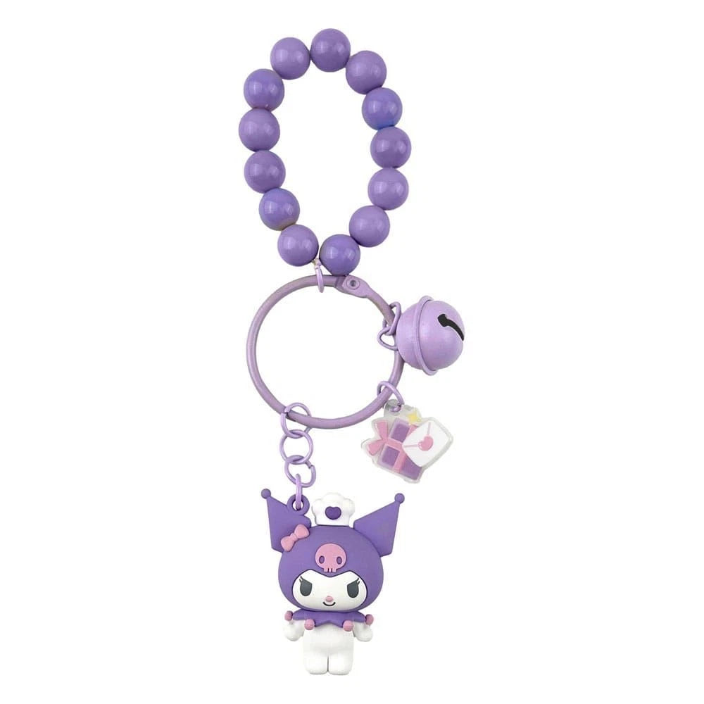 Purple beaded keychain with a cartoon character charm on a white background