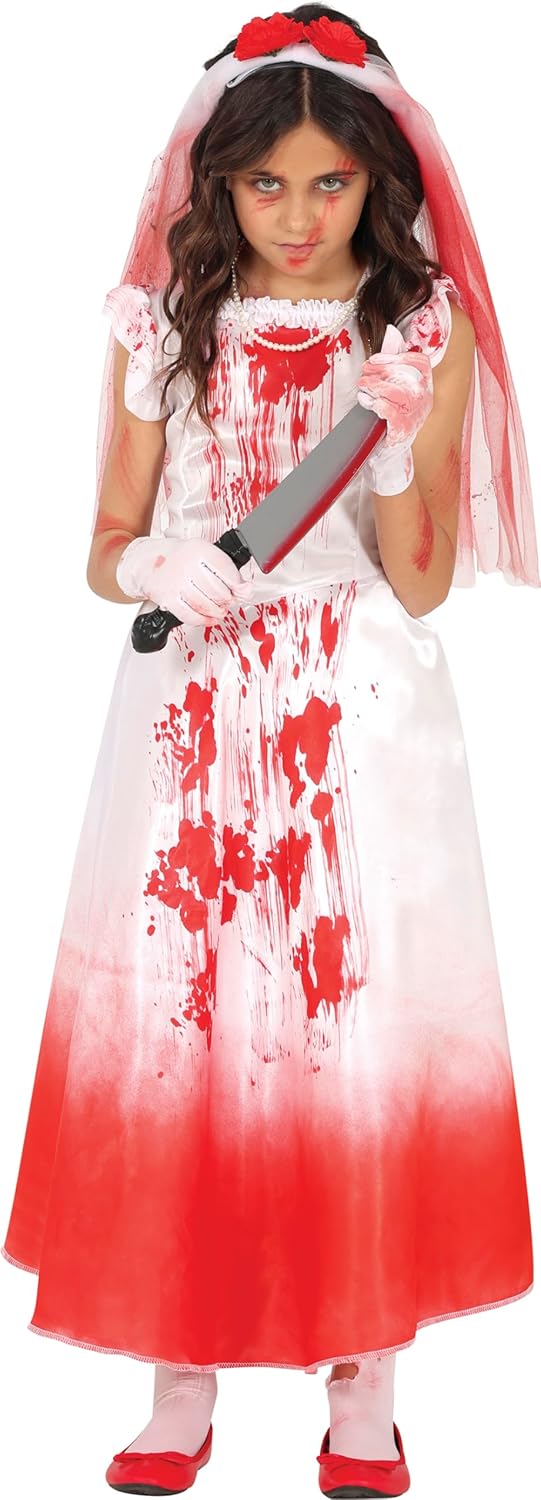 Child in a horror-themed costume with a blood-stained dress and knife.