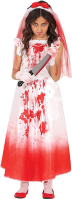 Child in a horror-themed costume with a blood-stained dress and knife.