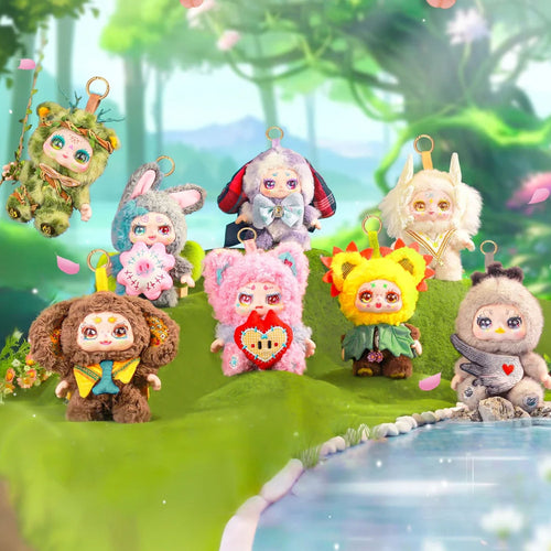 Toy figures in animal costumes standing in a forest setting with a pond.