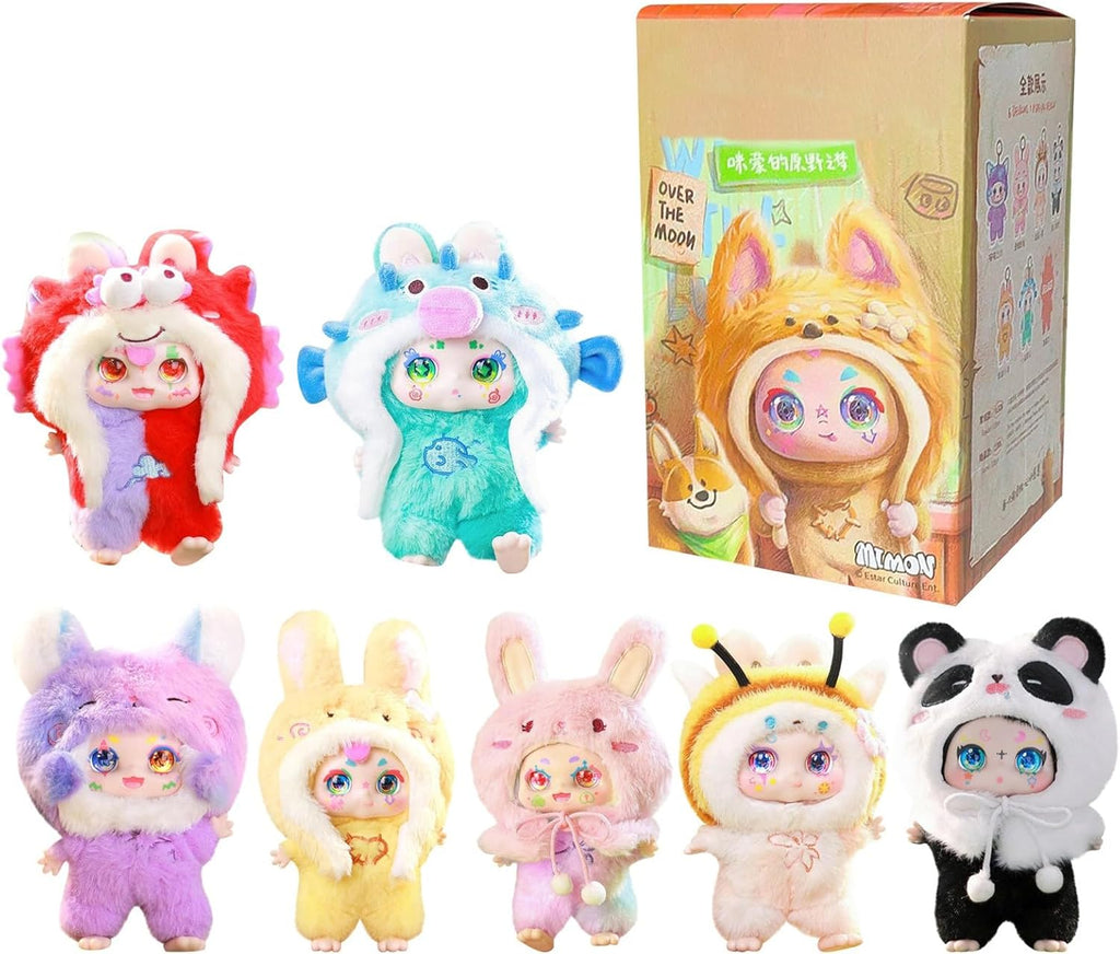 Set of colorful plush toys with a box in the background