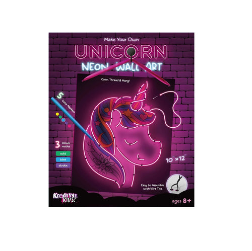 Unicorn neon wall art kit packaging with brick background