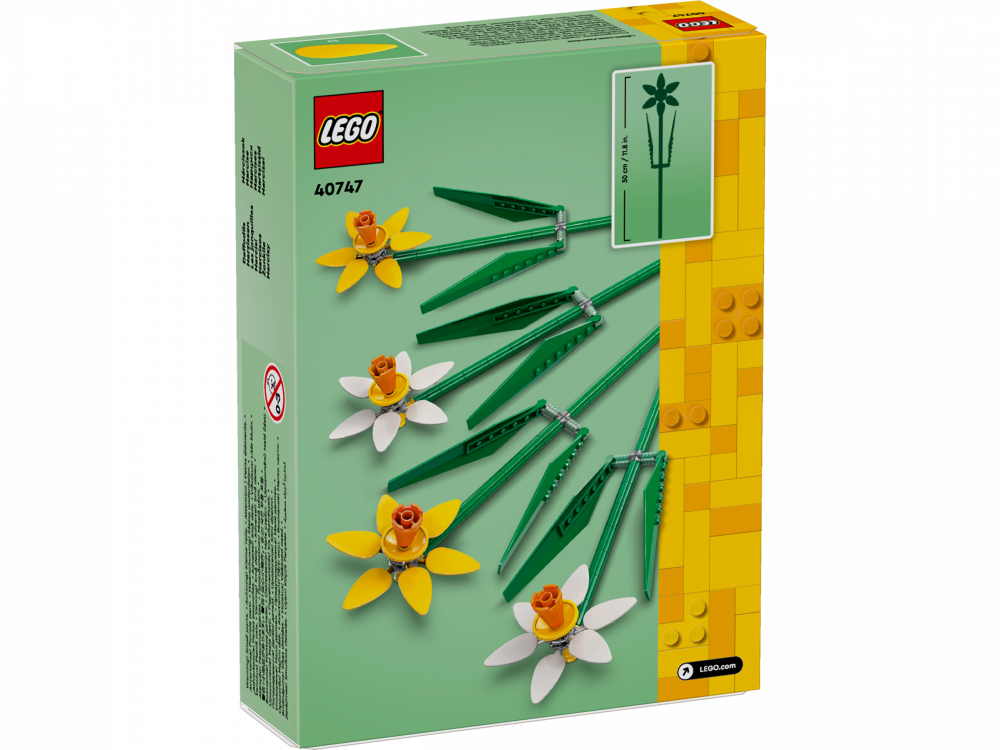 LEGO Daffodils 40747 botanical set with 2 yellow and 2 white buildable flowers, adjustable green stems and leaves
