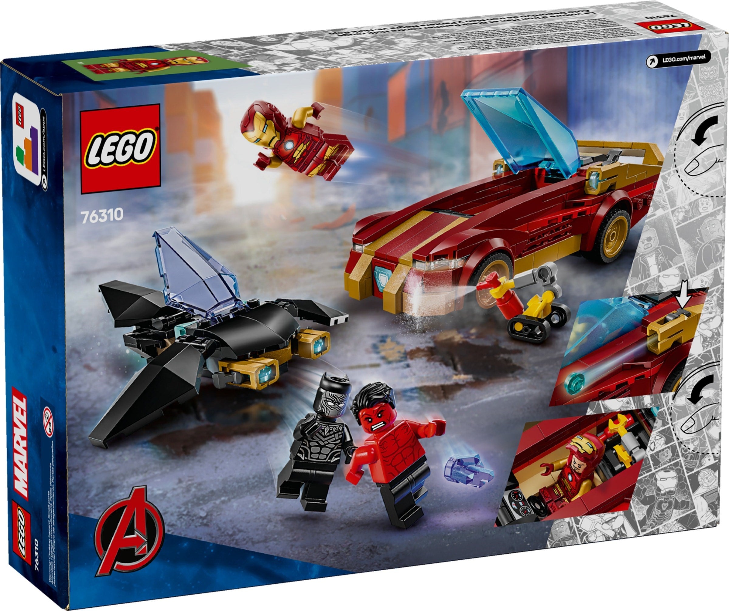 LEGO Marvel Avengers set packaging with characters and vehicles on a dynamic background
