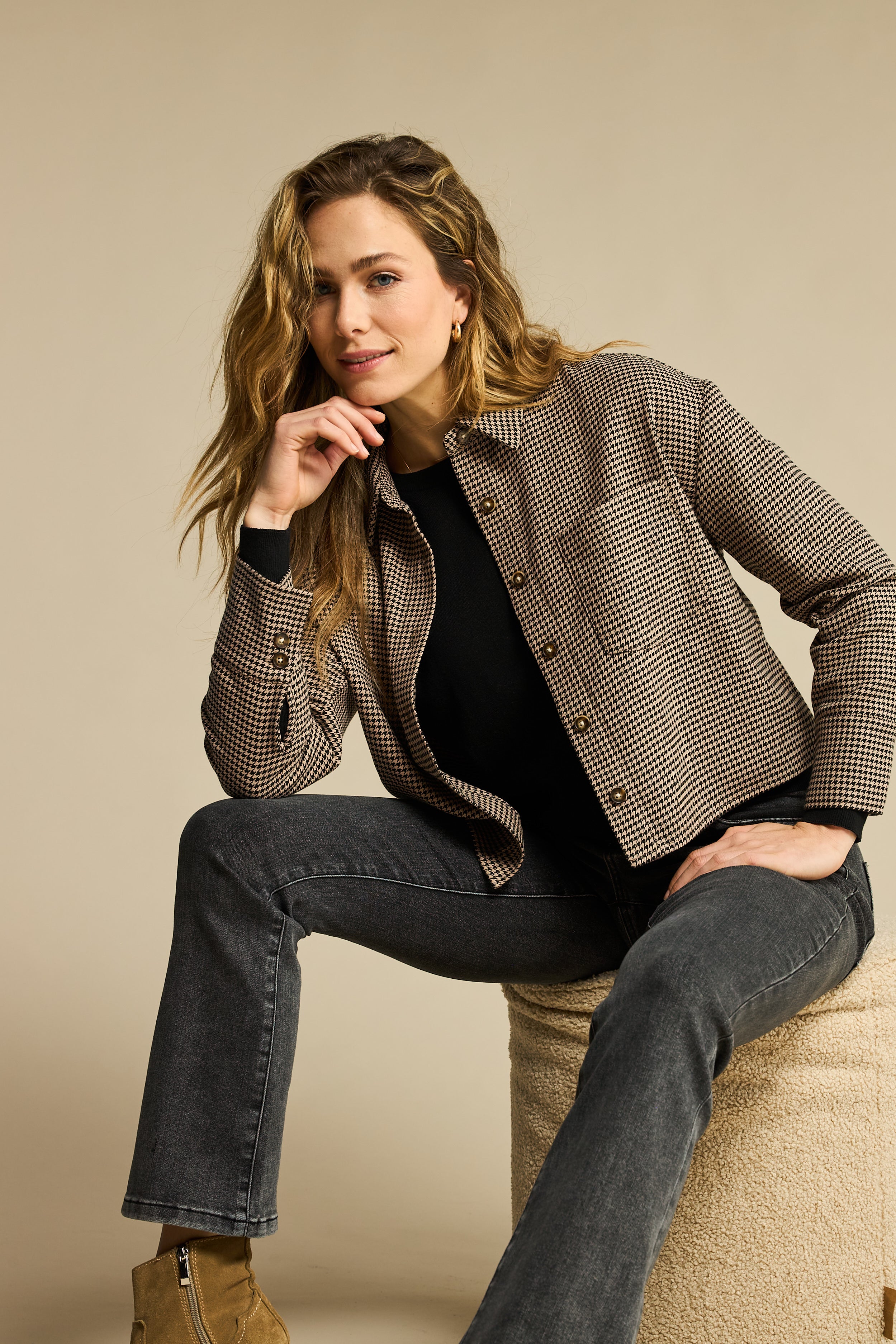 Red Button Pied de Poule Blousejacket in Black/Latte—blazer-style blouse jacket with classic houndstooth pattern on mannequin