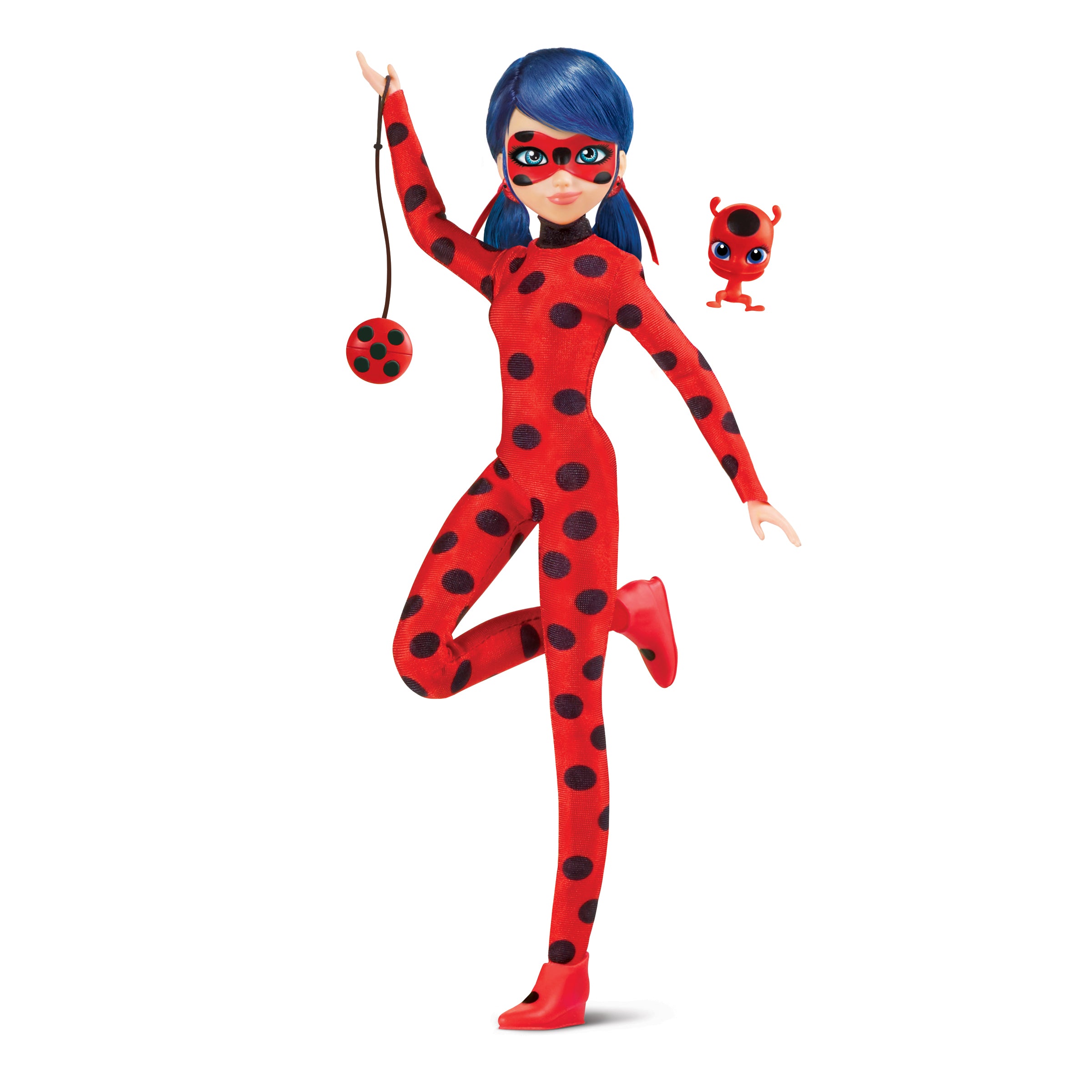 Toy figure in a red and black polka dot outfit with a small figure on a white background