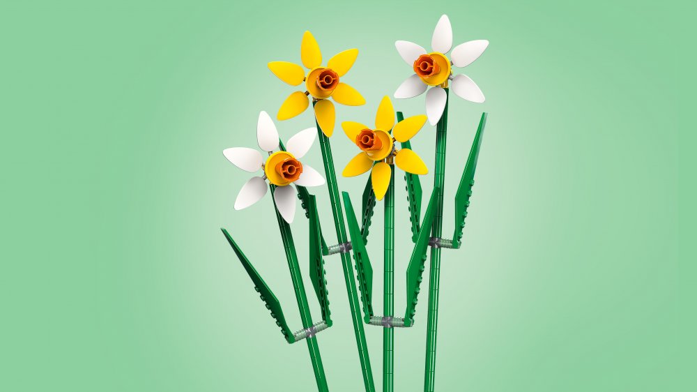 LEGO Daffodils 40747 botanical set with 2 yellow and 2 white buildable flowers, adjustable green stems and leaves