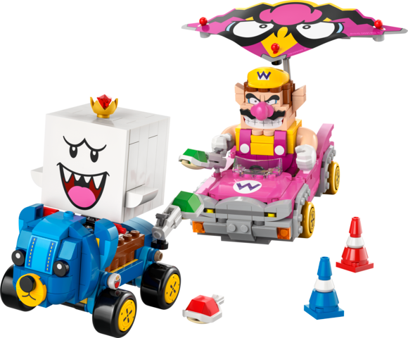 LEGO Super Mario Mario Kart Wario & King Boo set (72038) showing Wario's Badwagon, King Boo’s Teddy Buggy, shell-launch action, drifting and glider features.