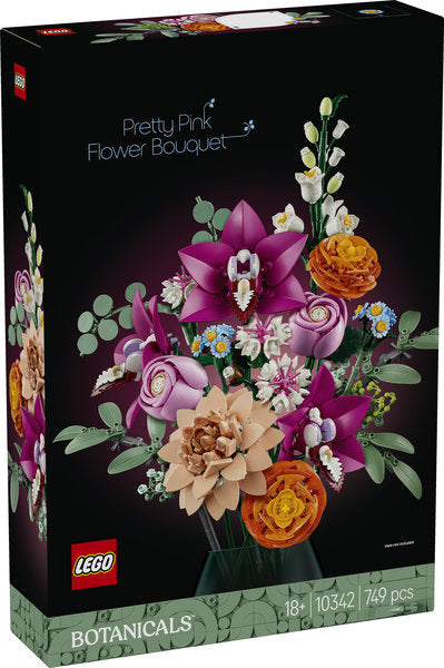 LEGO Botanicals Pretty Pink Flower Bouquet set packaging on a black background