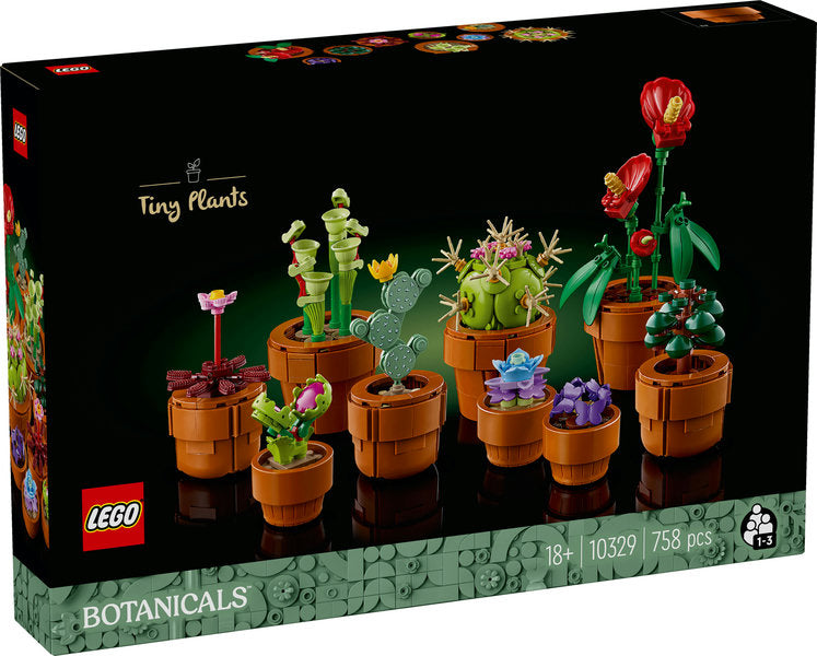 LEGO Tiny Plants set 10329 with nine small plants in terracotta-style pots in a single planter display