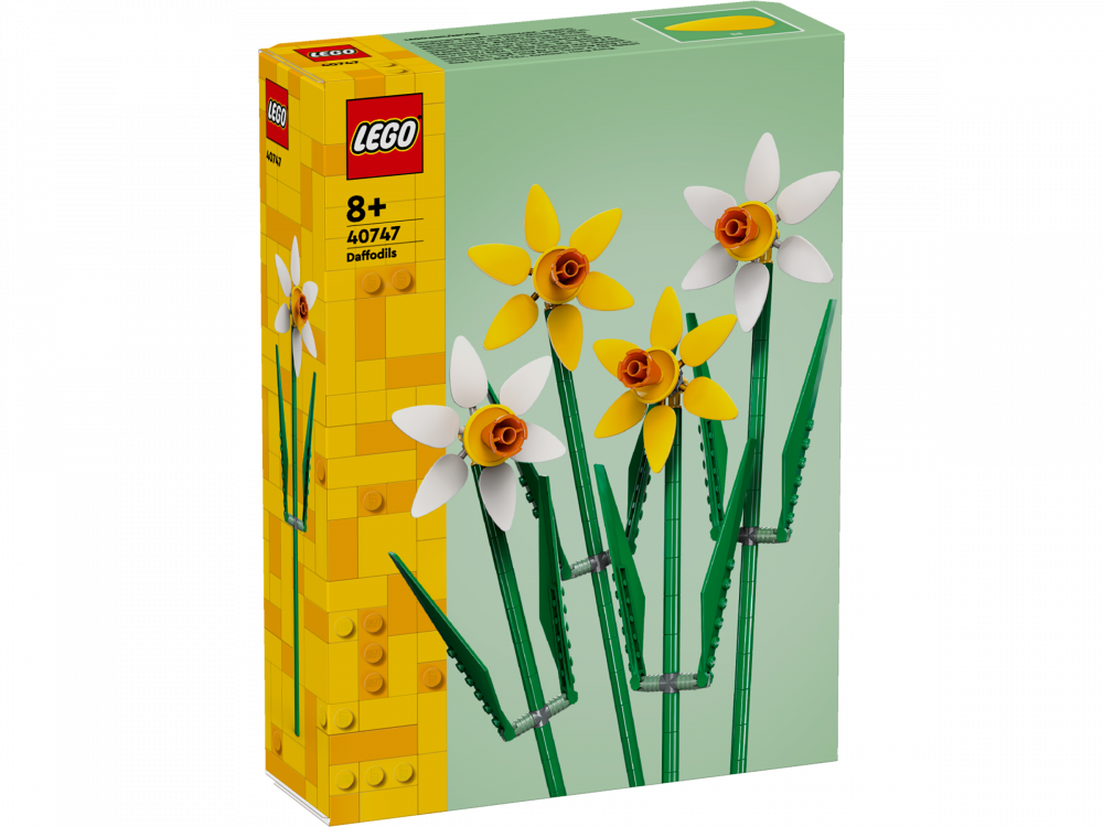 LEGO Daffodils 40747 botanical set with 2 yellow and 2 white buildable flowers, adjustable green stems and leaves