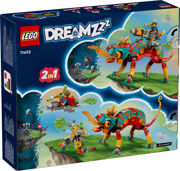 LEGO Dreamzzz toy set packaging with colorful dragon-like creature and character figures on a blue background.