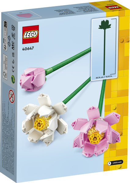 LEGO flower set packaging with flowers and green stem on a blue and yellow background
