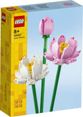 LEGO Lotus Flowers set packaging with two pink and one white lotus flowers on a blue background.