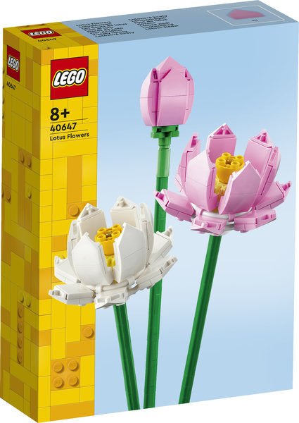 LEGO Lotus Flowers set packaging with two pink and one white lotus flowers on a blue background.