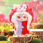 Colorful plush toy with red and white hair on a wooden stump in a garden setting