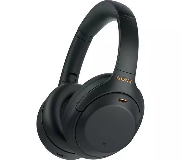 Black Sony headphones on a white background
