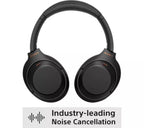 Black Sony headphones with 'Industry-leading Noise Cancellation' text on a white background