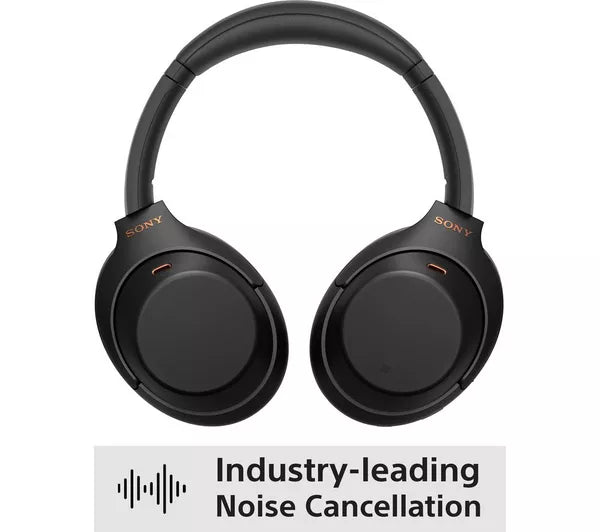 Black Sony headphones with 'Industry-leading Noise Cancellation' text on a white background