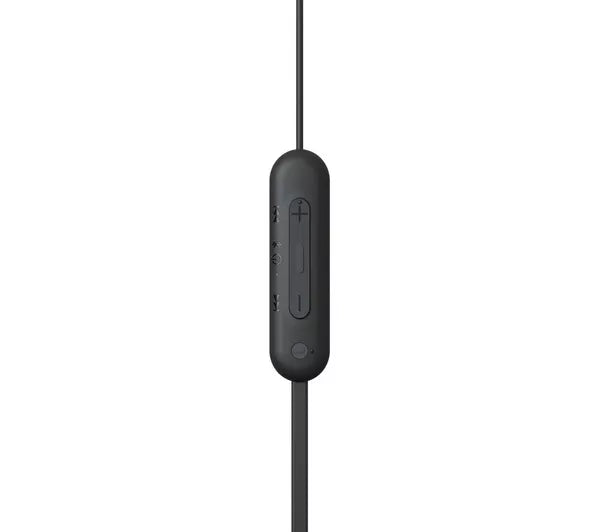 Black in-ear headphones with control on a white background