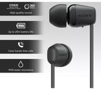 Sony earphones with features listed on a gray background