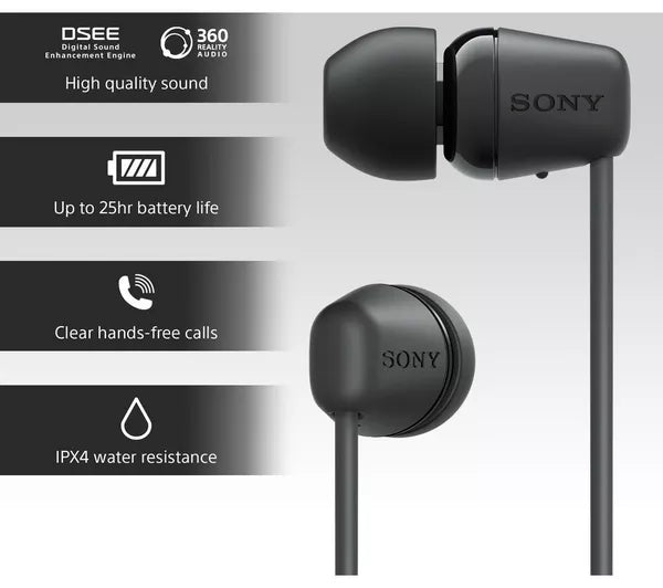 Sony earphones with features listed on a gray background