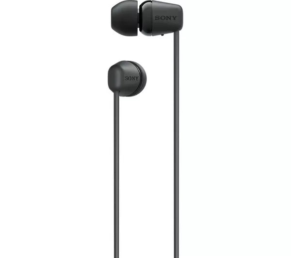 Black Sony earphones on a white background
