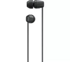 Black Sony earphones on a white background